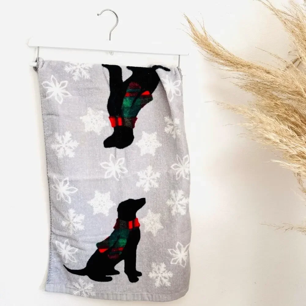 2 Cherry Red White Plaid Deer Grey Gray Dog Scarf Print Christmas Hand Towel Set